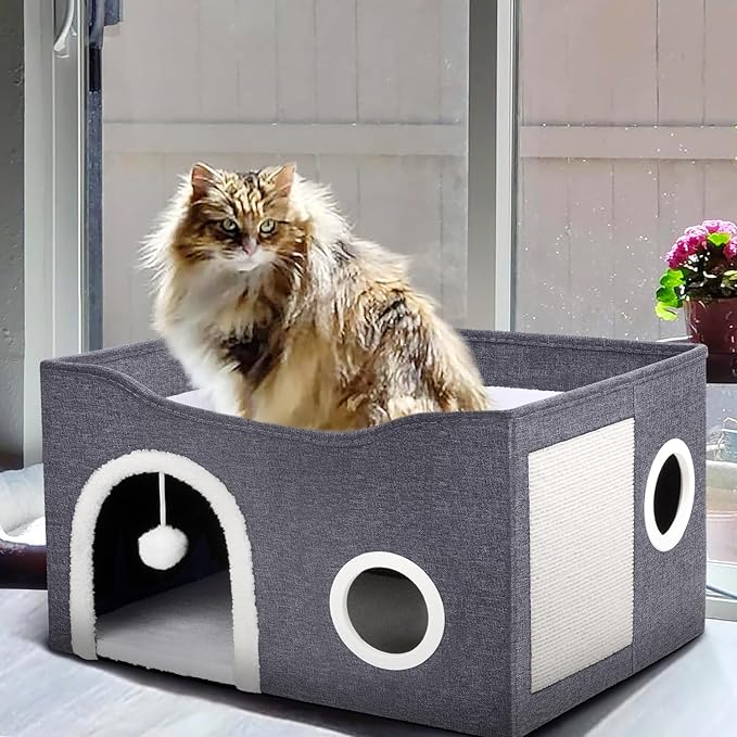 Heeyoo Cat House for Indoor Cats - Large Cat Bed Cave with Fluffy Ball and Scratch Pad, Foldable Cat Houses & Condos, Cat Cubes, Cat Hideaway, Covered Cat Bed for Multi Small Pet Large Kitty