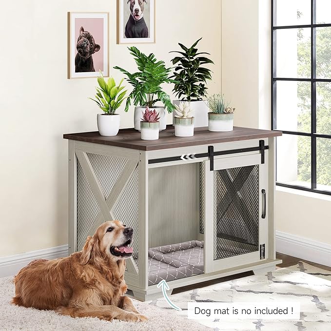 Furniture Style Dog Crate End Table with Sliding Barn Door, Indoor Dog Kennel Furniture with Removable Divider, Flip Top Dog Crate Table, Dog House,Dog Crate Furniture, White