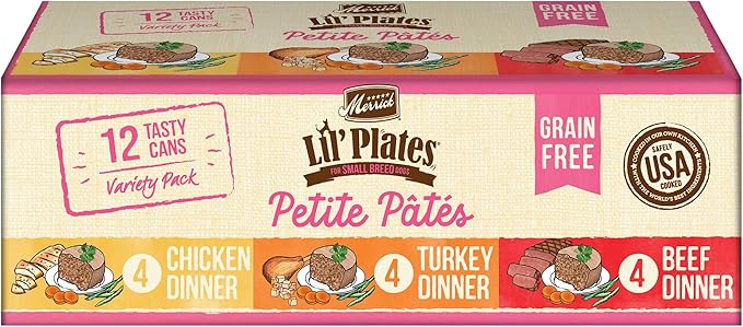 Merrick Lil’ Plates Petite Pates Premium Grain Free Wet Dog Food Variety Pack, Natural Beef, Chicken, Turkey - (Pack of 12) 3 oz. Cans