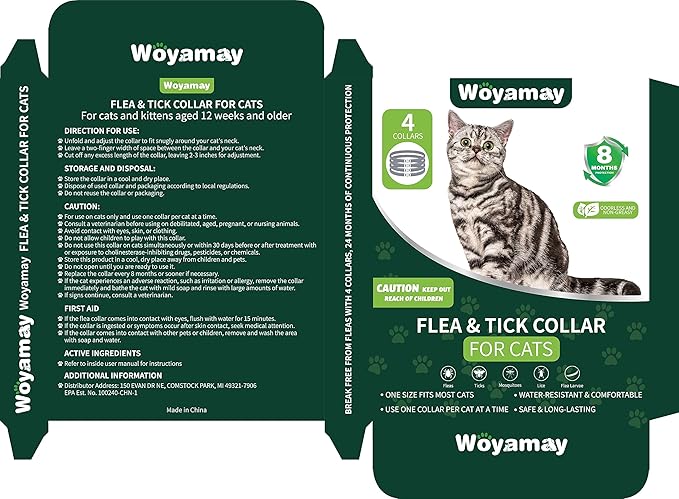 4 Pack Flea Collar for Cats, Cat Flea and Tick Treatment, 8 Months Protection Flea and Tick Prevention for Cats, Waterproof Cat Flea Collar, Adjustable Cat Flea and Tick Collar for Cats Kittens, Black