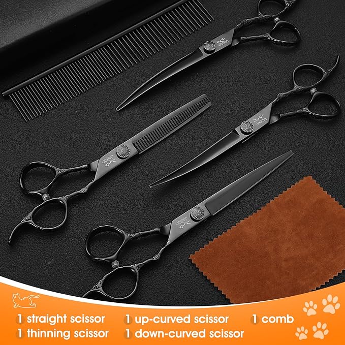 JASON Dog Grooming Scissors Set Professional 6 in 1 Dog Shears Kit - 6.5" Thinning, 7" Straight, 7" Up-Curved, 7" Down-curved Shears and Comb for Dog Cat Pet with Adjustable Screw (Black)