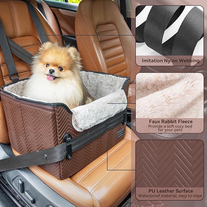 PETSFIT Car Seat for Dogs, Waterproof PU Leather Dog Car Seat for Small Dogs with Patent Safe Buckles, Clip-On Leash, Pet Travel Carrier Bed for Small Pets Up to 25lbs (Brown)