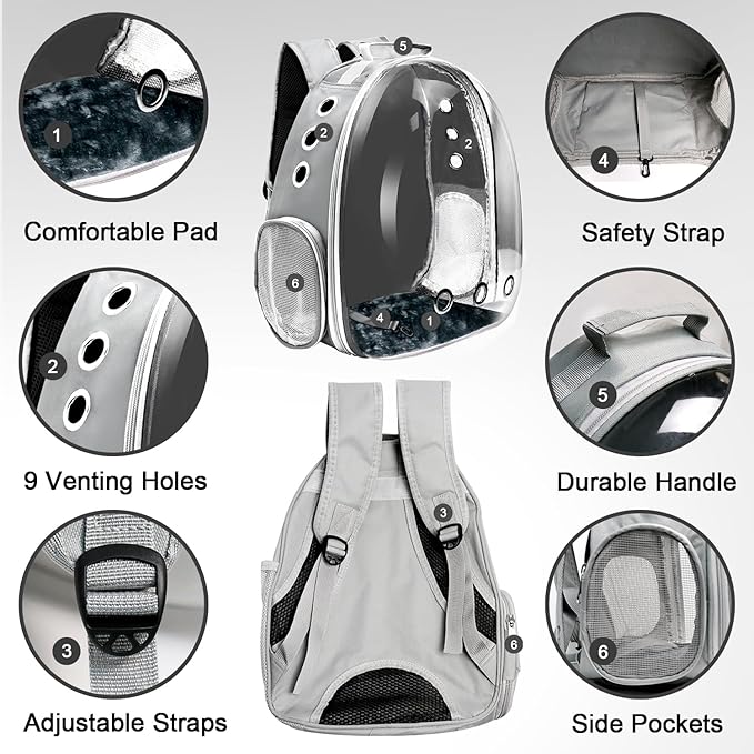 Cat Backpack Carrier, Pet Cat Carrier with Ventilated Design for Carrying Puppy Cats, Pet Carrier Back Pack Bag Space Capsule for Traveling/Hiking/Camping/Outdoors (Grey)