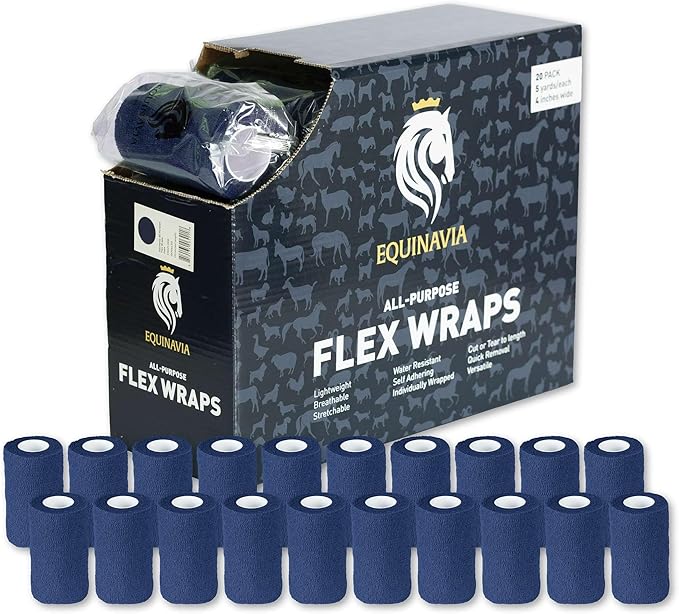 Equinavia 20 Pack Self Adhesive 4 Inch Vet Wraps with Easy-Dispenser Case | Bandages for Horses, Pets, Sports, Tattoo - Black - 20 x 5 yd - Blue - 20 x 5 yd