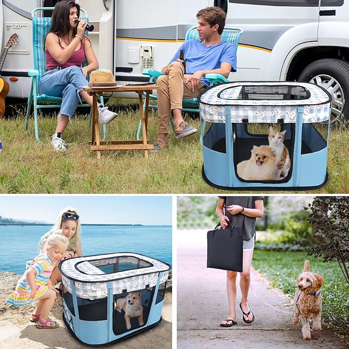 Dog and CAT pop Play Pen,Pets Houses for Dogs and Cats,Indoor&Outdoor Exercise Pen Dog Tent Puppy Playground Large (M, Bule)