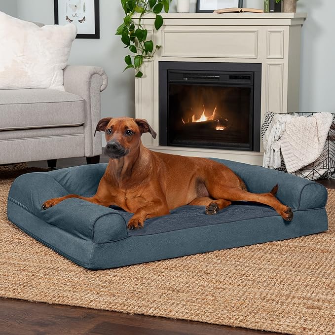 Furhaven Orthopedic Dog Bed for Large Dogs w/ Removable Bolsters & Washable Cover, For Dogs Up to 95 lbs - Sherpa & Chenille Sofa - Orion Blue, Jumbo/XL