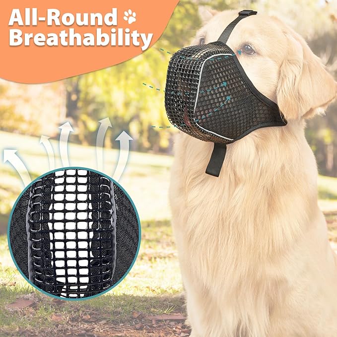 Mayerzon Dog Muzzle, Mesh Muzzle for Small Medium Large Dogs, Reflective Muzzle for Nighttime Walks, Soft Fully Closed Muzzle Anti Biting Scavenging Chewing, Allows Dogs to Pant and Drink