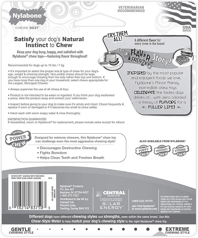 Nylabone Power Chew Flavor Frenzy Bone Chew Toy for Dogs, Chew Toys for Aggressive Chewers, Pancakes & Sausage, Roast Beef Club, & Lasagna Flavor, X-Small/Petite - Up to 15 lbs. (3 Count)