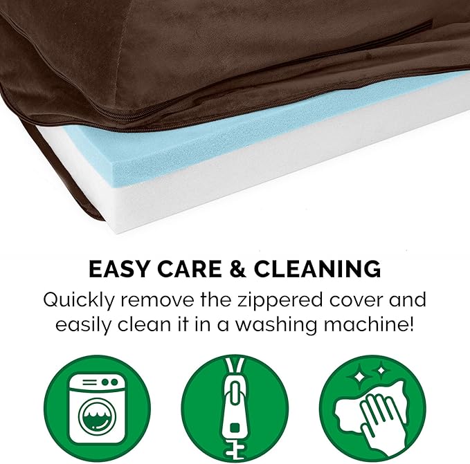 Furhaven Cooling Gel Dog Bed for Large/Medium Dogs w/ Removable Bolsters & Washable Cover, For Dogs Up to 55 lbs - Plush & Velvet L Shaped Chaise - Sable Brown, Large