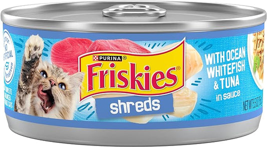 Purina Friskies Wet Cat Food, Shreds With Ocean Whitefish & Tuna in Sauce - (Pack of 24) 5.5 oz. Cans