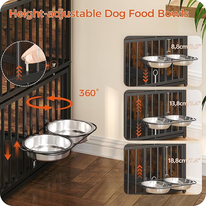 Large Dog Crate Furniture, 38.6" Heavy Duty Dog Kennel with Bowls & Storage Shelf, Wooden Dog Cage End Side Table for Small/Medium/Large Dogs, Chew-Resistant, Rustic Brown DCHR10901