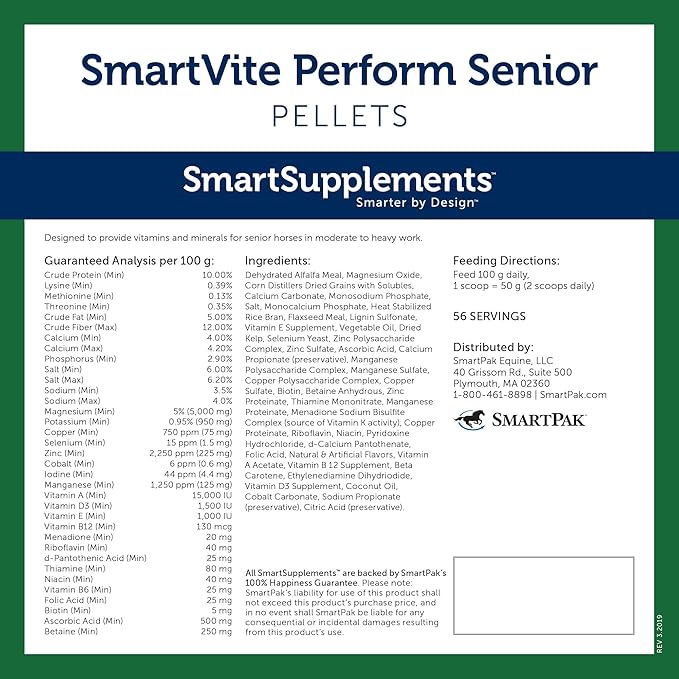 SmartPak SmartVite Perform Senior Pellets | Vitamin E, Magnesium Supplement for Senior Horses | Includes Vitamin C, B Complex, Manganese, Biotin and More | 12.5 lb Bucket