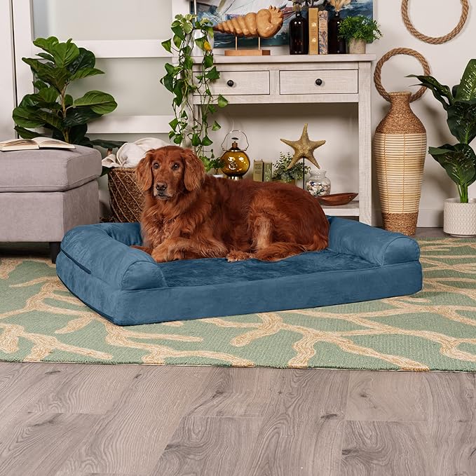 Furhaven Orthopedic Dog Bed for Large Dogs w/ Removable Bolsters & Washable Cover, For Dogs Up to 95 lbs - Faux Fur & Velvet Sofa - Harbor Blue, Jumbo/XL