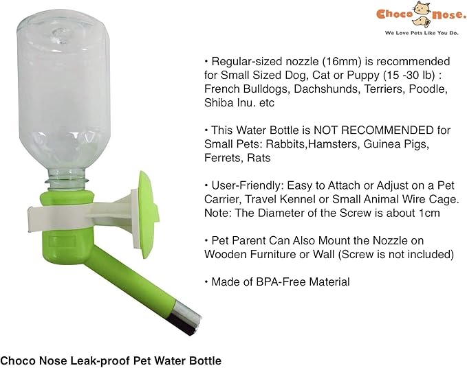 Choco Nose Patented No-Drip Dog Water Bottle/Feeder for Dogs/Cats and Other Small-Medium Sized Animals - for Cages, Crates or Wall Mount. 11.2 Oz. Mess Free Leak-proof Nozzle 16mm, Apple Green (H590)