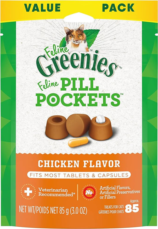 Greenies Feline Pill Pockets for Cats Natural Soft Cat Treats, Chicken Flavor, 3 oz. Pack (85 Treats)