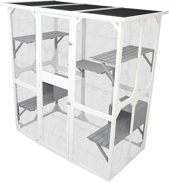 72 Inch Wooden Catio Outdoor Cat Enclosure on Wheels, Luxury Kitty-House with 8 Jumping Platforms & Weatherproof Asphalt Roof, Kitty Condo Cage Shelter Playpen with Sliding Doors