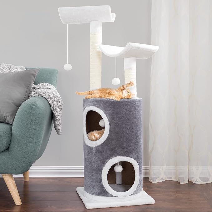 45in Cat Tree with Napping Perches, 2 Story Cat Condo, Cat Scratching Posts, and Hanging Toys - Cat Tower for Indoor Cats by PETMAKER (Gray)