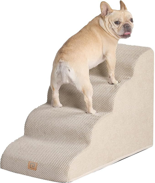 EHEYCIGA Curved Dog Stairs for High Beds 19.7" H, 4-Step Dog Steps for Small Dogs and Cats, Pet Stairs for High Bed Climbing, Non-Slip Balanced Pet Step Indoor, Beige