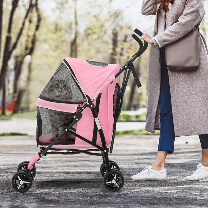 MoNiBloom 4 Wheels Pet Stroller, Easy-Fold Puppy Cage Jogger Stroller with Sun Cover, Pad and Rear Storage Bag, Breathable and Visible Mesh for Small/Medium Pets up to 22 lbs, Pink
