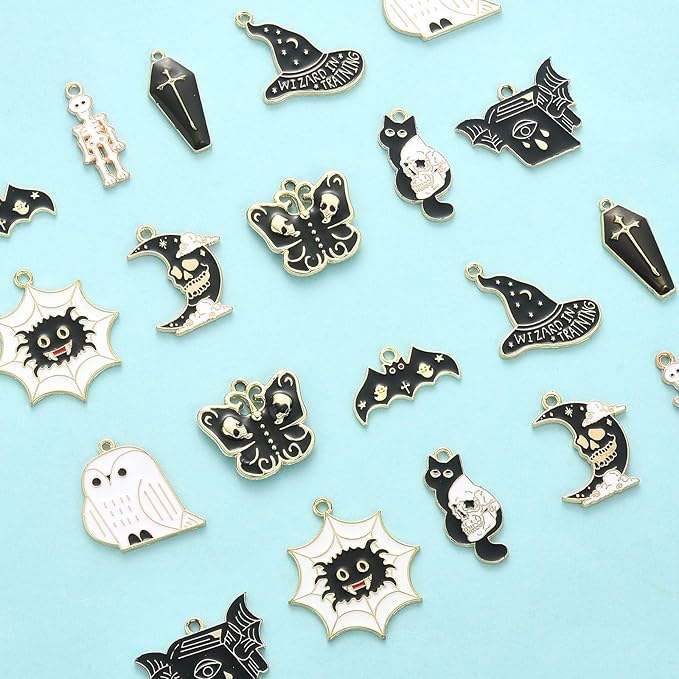 LiQunSweet 20 Pcs 10 Styles Animal Enamel Charms Book with Bat Cat Skull Skeleton for Halloween for DIY Bracelet Keychain Necklace Jewelry Making