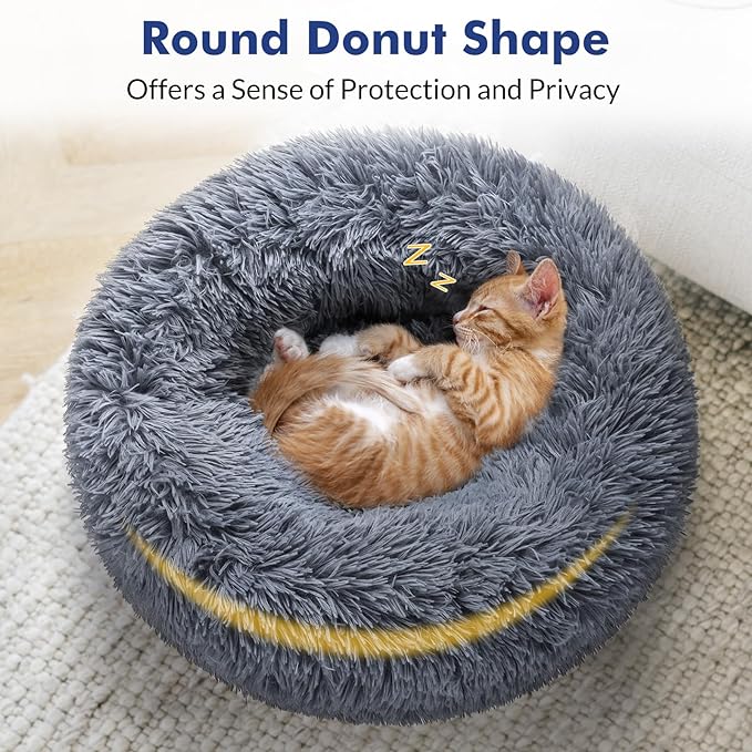 rabbitgoo Cat Beds for Indoor Cats, 20 inches Cat Bed Machine Washable, Fluffy Round Pet Bed Non-Slip, Calming Soft Plush Donut Cuddler Cushion Self Warming for Small Dogs Kittens, Dark Grey, Medium