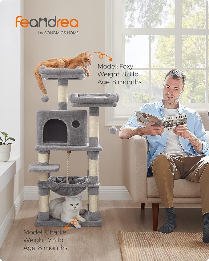 Feandrea Cat Tree, 44.1-Inch Cat Tower for Indoor Cats, Multi-Level Cat Condo with 11 Scratching Posts, 2 Perches, Cave, Hammock, Light Gray UPCT215W01