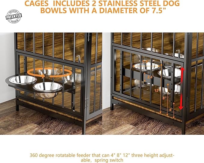 ROOMTEC Furniture Style Large Dog Crate with 360° & Adjustable Raised Feeder for Dogs 2 Stainless Steel Bowls -End Table House Pad, Indoor Use,41" L X 24" W 36" H, Classic Brown