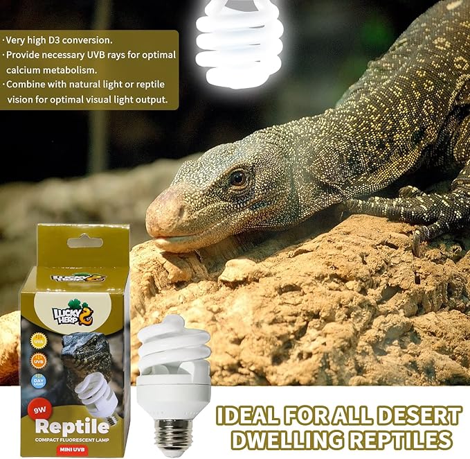 LUCKY HERP Mini UVA UVB Reptile Light 10.0 9W, UVB Bulb for All Desert Dwelling Reptiles, Compact Fluorescent Reptile UVB Bulb for Turtle, Bearded Dragon, Lizard, Gecko etc.