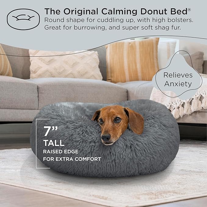 Best Friends by Sheri The Original Calming Donut Cat and Dog Bed in Shag Fur Gray, Small 23"