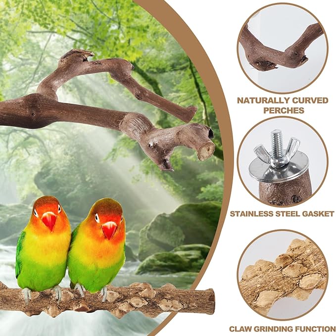 6PCS Bird Perch 2 Grape Stick Paw Grinding Fork Natural Wood Bird Stand 4 Parrot Stand Bird Toys for Parakeets Chewing Exercise Branches, Bird Cage Accessories for Cockatiels, Conure, Budgies