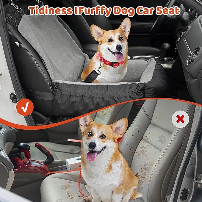 IFurffy Dog Car Seat, Pet Car Seat with Storage Pockets and Clip-On Safety Leash, Washable Coral Fleece Dog Booster Seat for Small Medium Dogs, Small Dog Car Seat for Travel Dog Car Bed (Gray)