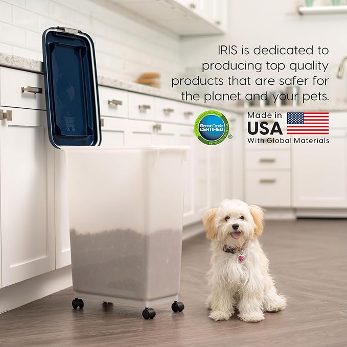 IRIS USA WeatherPro Airtight Dog Food Storage Container, Up to 38 lbs, Attachable Wheels, For Dog Cat Bird and Other Pet Food Storage Bin, Keep Fresh, Easy Mobility, BPA Free, Navy/Pearl