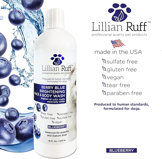 Lillian Ruff Berry Blue Brightening Face and Body Wash for Dogs - Blueberry Shampoo - Remove Tear Stains, Hydrate Dry Itchy Skin, Add Shine & Luster to Coats (Berry Blue Shampoo & Waterless Set)