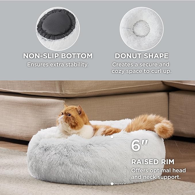 Bedsure Calming Cat Beds for Indoor Cats - Small Cat Bed Washable 20 inches, Anti Anxiety Round Fluffy Plush Faux Fur Pet Bed, Fits up to 15 lbs Pets, Frost Grey