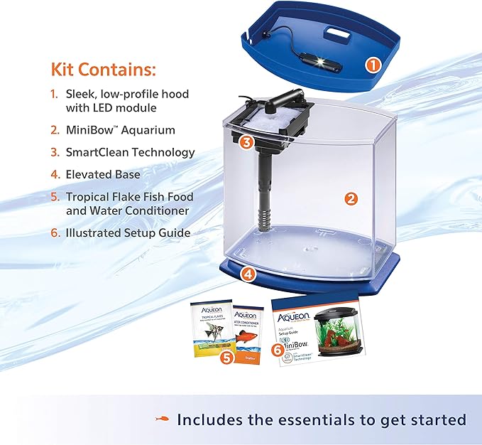 Aqueon LED MiniBow Small Aquarium Fish Tank Kit with SmartClean Technology, Blue, 1 Gallon