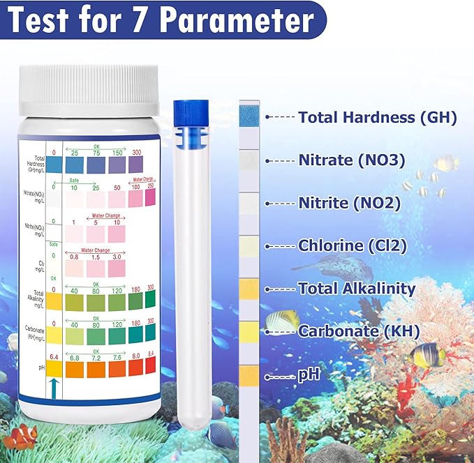 Aquarium Test Strips for Freshwater Fish: 7 in 1 Fish Tank Water Testing Kit for Aquarium Pond - Accurate Testing Nitrate Nitrite Hardness Free Chlorine pH Carbonate Total Alkalinity-150 Strips