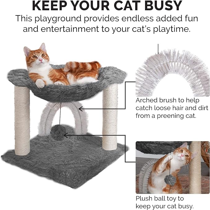 Furhaven 15.75" Tall Playground for Indoor Cats, Ft. Sisal Scratching Posts, Self-Grooming Brush, & Toy - Tiger Tough Hammock Interactive Playground - Silver, One Size