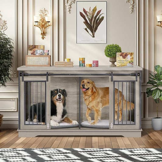 2-in-1 Double Dog Crate Furniture with Divider 60.6 Inch Grey Sturdy Dog Kennel TV Stand with 2 Sliding Doors and Thick Iron Door Frame for 2 Dogs