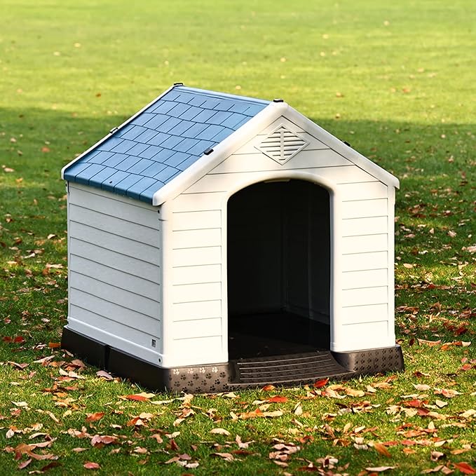 Plastic Dog House, Insulated Doghouse Puppy Shelter, Water Resistant Easy Assembly Sturdy Dog Kennel with Elevated Floor and Air Vents, Ventilate for Small to Large Sized Dogs (29-Inch, Blue)