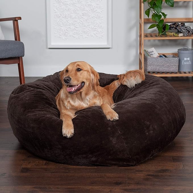 Furhaven Soft & Cozy Dog Bed for Large Dogs, Refillable w/ Removable Washable Cover & Liner, For Dogs Up to 95 lbs - Plush Faux Fur Bean Bag Style Ball Bed - Espresso, XL/Jumbo