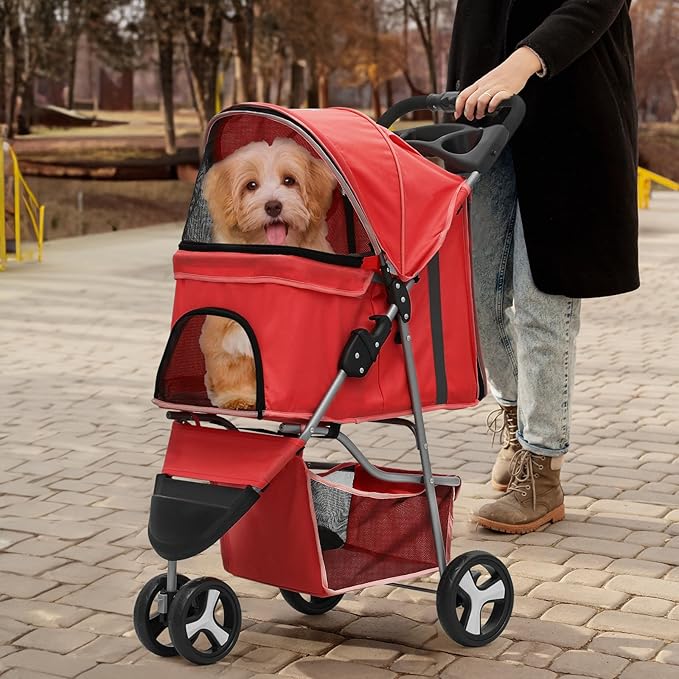 MoNiBloom 3 Wheels Pet Stroller, Foldable Puppy Cage Jogger Stroller with Weather Cover for All-Season, Storage Basket and Cup Holder, Breathable and Visible Mesh for Small/Medium Pets, Red