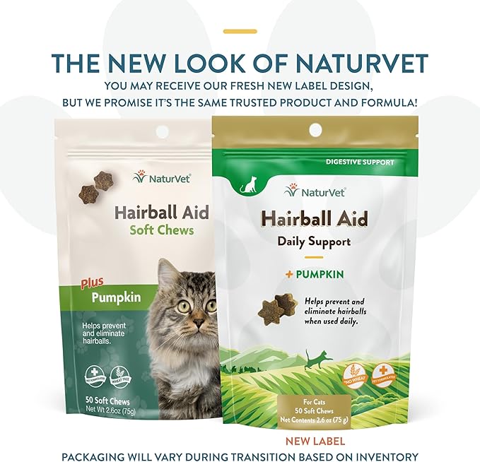 NaturVet Hairball Remedy Vitamin & Digestive Aid Supplement for Cats – Pet Health Supplement for Cat Hairballs, Digestive System Support – Includes Pumpkin, Vitamins – 50 Ct.