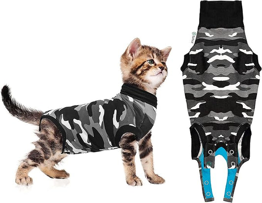 Suitical Recovery Suit for Cats | Spay and Neutering Cat Surgery Recovery Suit for Male or Female | Soft Fabric for Skin Conditions | 2XS | Neck to Tail 13.0” - 16.5” | Black Camouflage