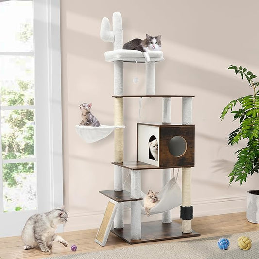 YITAHOME Modern Cat Tree for Indoor Cats with Self-Grooming Brush, 69" Tall Wooden Cat Tower with Condo, Hammock, Scratching Post, Board, Removable Pads for Kittens Big Cats，Rustic Brown