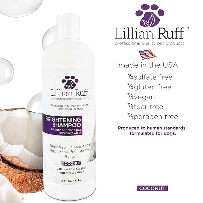 Lillian Ruff Ultra-Brightening Professional Whitening Shampoo for Dogs with Aloe & Coconut Oil for Dry Skin & Itch Relief - pH-Balanced Dog Whitening Shampoo Remove Stains Yellowing Odor (16oz/Brush)