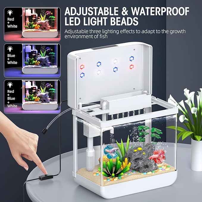 Fish Tank Aquarium 2.2 Gallon with Adjustable 3 Color Lighting Self Cleaning 3 in 1 Pump with Filteration, Oxygenation, Water Circulation Triple Function, HD Float Glass, Leak-Proof Thickened Base