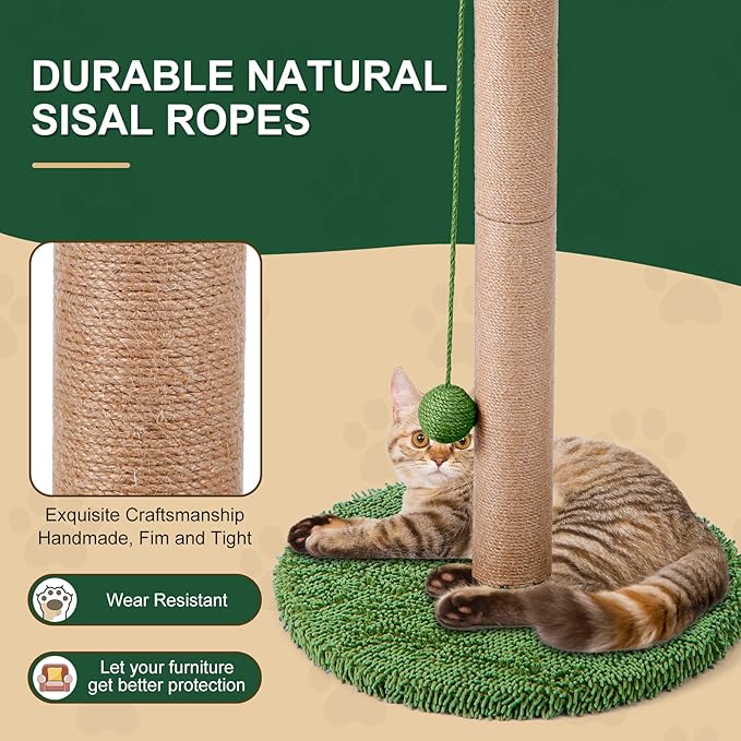 Odoland Cat Scratching Post - Indoor 33 inch Palm Tree Sisal Scratch Posts with Dangling Balls for Kitten and Large Cat - Vertical Scratcher Cute Cat Scratching Post Fun Cat Toy Green