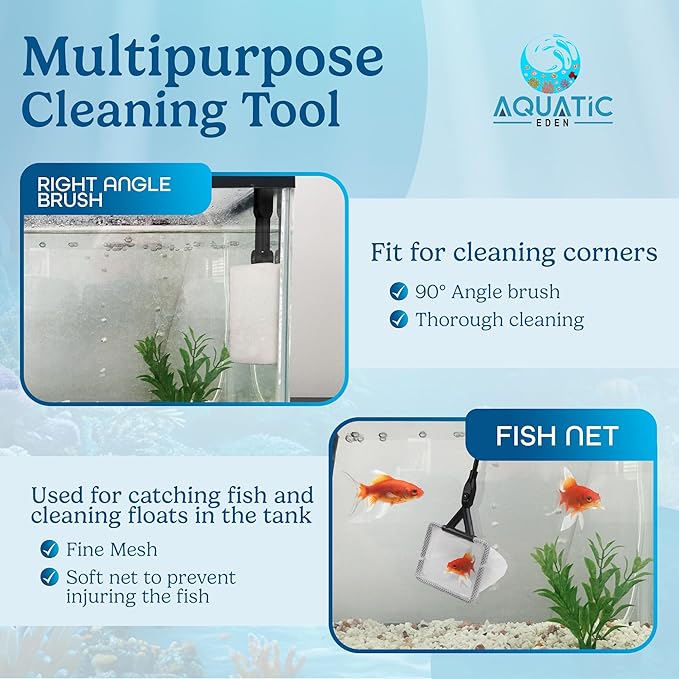 Aquarium Cleaning Tools 7 in 1 - Fish Tank Cleaning Kit with Algae Scraper, Scrubber Pad, Adjustable Telescopic Long Handle, Fish Net, Gravel Rake, Fork & Brush - Saltwater & Freshwater Fish Tank