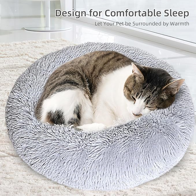 Cat Bed for Indoor Cats, 20 Inch Calming Soft Plush Cat Bed Dog Bed for Small Medium Cats or Dogs,Washable-Round Pet Bed for Puppy and Kitten with Slip-Resistant Bottom