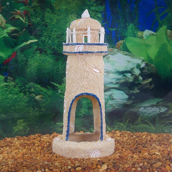 Penn-Plax Deco-Replicas Sand & Seashell Lighthouse Aquarium Ornament – Safe for Freshwater and Saltwater Tanks – Medium Size (RR1052)